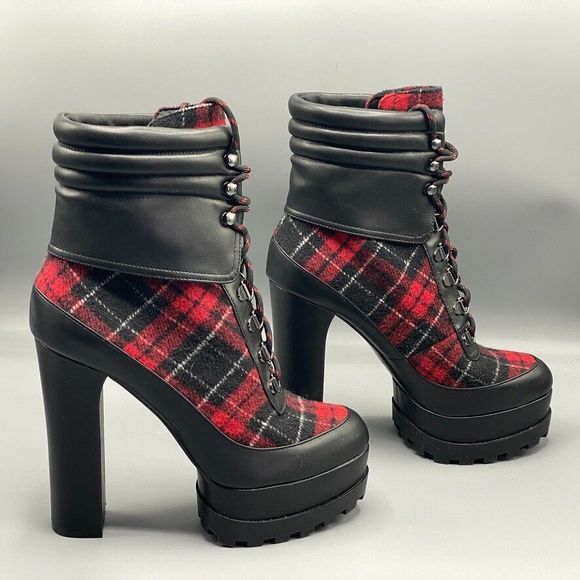 Jessica Simpson Boots  9 Red Black Tartan Plaid Platform Boots Edgy Hunter - Picture 3 of 11